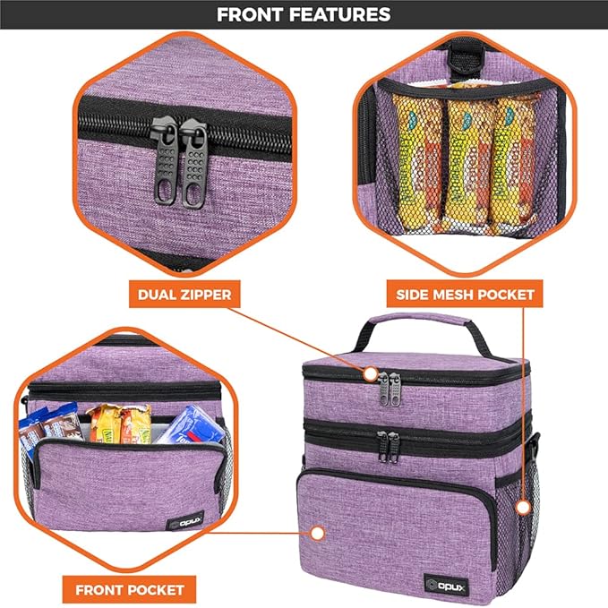 opux Insulated Lunch Bag for Men Women, Large Dual Compartment Cooler Bag, Soft Two Deck Lunch Box for Work School Picnic, Leakproof Lunch Tote with Shoulder Strap for Kid Adult (Purple, Double Deck)