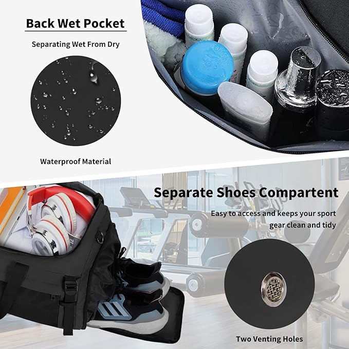 Eackrola Extra Large Sports Gym Bag, Travel Duffel bag with Wet Pocket & Shoes Compartment for men women, 85L, Lightweight （Black）