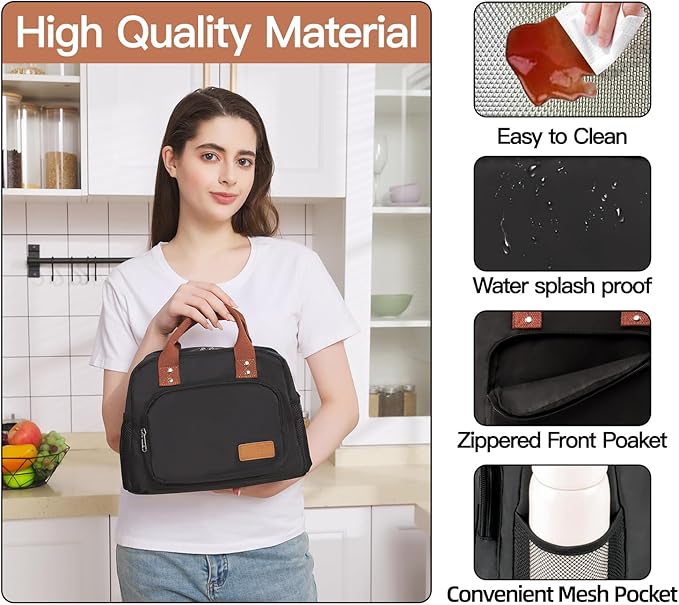 Lunch Bag Women,Insulated Lunch Box Lunch Bag for Women Men Work Adult Cute Small Lunch Tote Bag, Large Capacity Reusable Cooler Containers for Travel Picnic Office or Beach (Black)