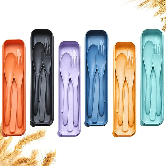 Reusable Travel Utensils Set with Case, 6 Sets Wheat Straw Portable Plastic Fork Spoons Knife Camping Cutlery, Eco-Friendly BPA Free Lunch Tableware for Kids Adults Travel Picnic Utensils