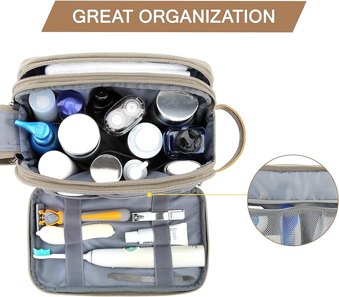 BAGSMART Toiletry Bag for Men, Canvas Travel Toiletry Organizer Dopp Kit Water-resistant Shaving Bag for Toiletries Accessories,Beige-Medium