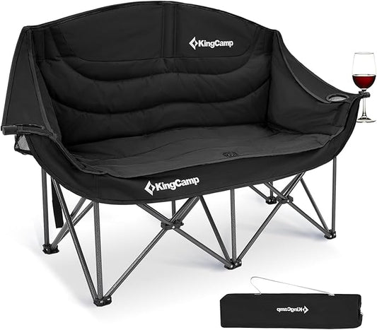 KingCamp Double Camping Chair, Oversized Heavy Duty Loveseat for Adults Portable Folding XL 2 Person Couch Padded Comfortable Two Seat with Cup Holder for Outdoor Lawn Backyard