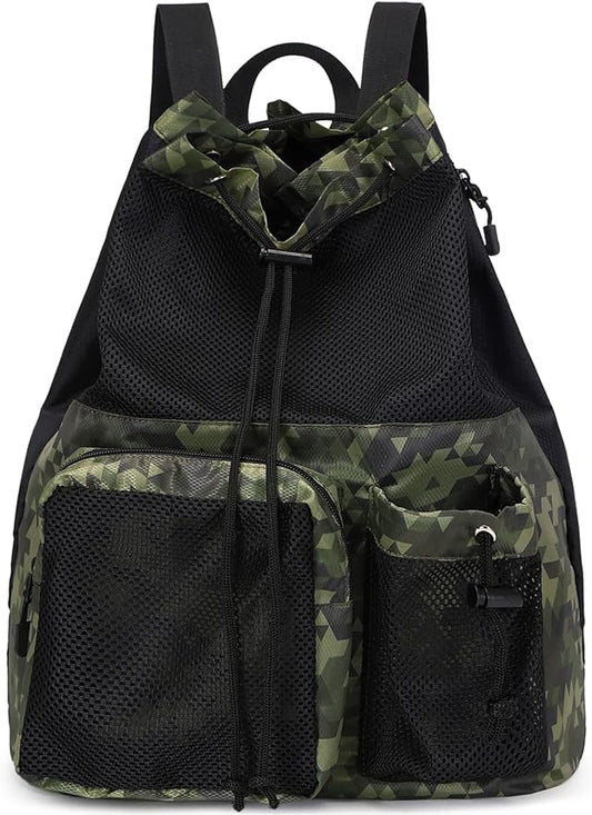 Lohol Large Mesh Drawstring Backpack with Shoe Bag, Durable Swimming String Sack with Handle for Sports Gym Yoga Beach Travel