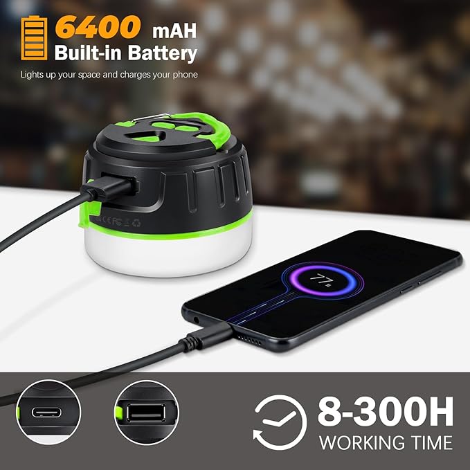 Rechargeable Camping Lantern with 6400mAh Battery, 300 Hour Runtime, 5 Light Modes, Adjustable Brightness, Waterproof, Hook & Magnetic Base, Battery Operated for Camping & Power Outages