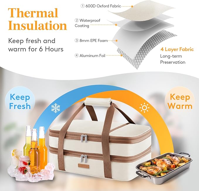 Double Decker Insulated Casserole Carrier for Hot or Cold Food, Lasagna Lugger Tote for Potluck Parties/Picnic/Cookouts, Fits 9"×13" Baking Dish, Cream