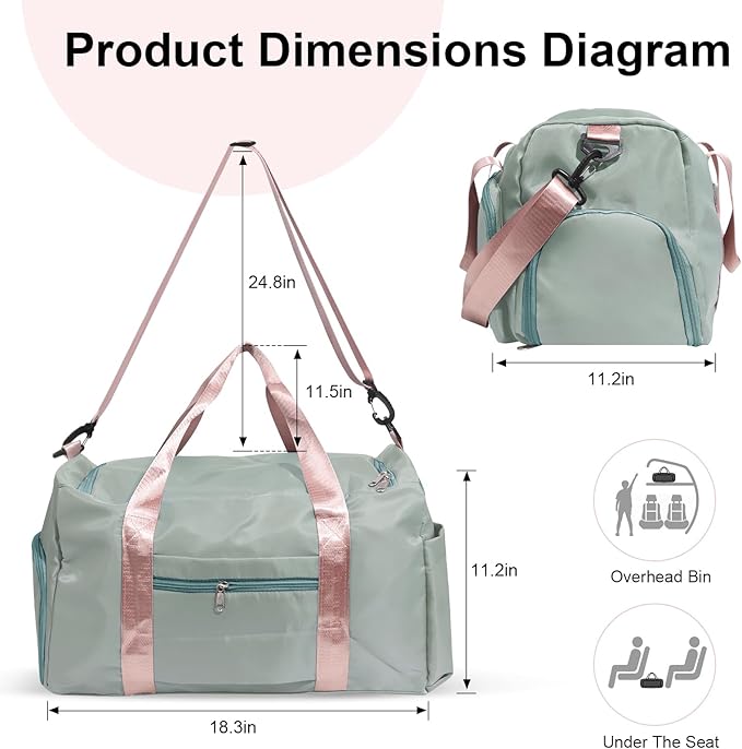 Small Gym Bag for Women, Travel Tote Bag with Compartments, Wet Pocket, Zipper for Dance, Swim, Sports Overnight Bag Green with Pink Handles