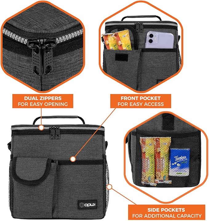 opux Insulated Lunch Bag for Men Women, Leakproof Charcoal Grey Lunch Box for Work, Portable Soft Lunch Cooler Bag with Shoulder Strap, Adult Lunchbox Lunch Pail for Kid Boy Girl School, 18 Can/10L