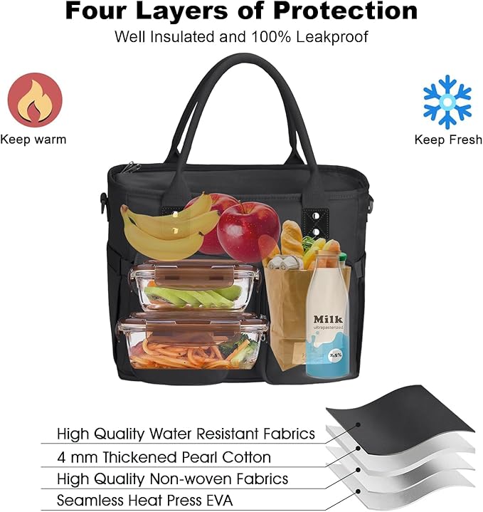 Hafmall Large Insulated Lunch Bag for Women Men, Leakproof Lunch Box for Adults, Wide Opening Lunch Tote Bag with Shoulder Strap, Reusable Lunch Cooler Bag for Work, Picnic, Black