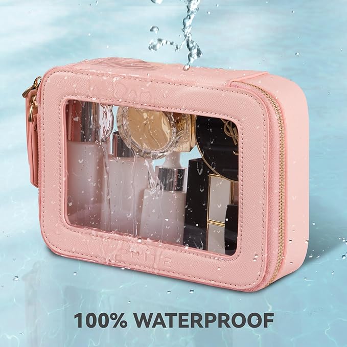 Prite Clear Makeup Bag Cosmetic Organizer Case Waterproof Travel Toiletry Bag Skincare Pouch with Golden Zipper(Pink)