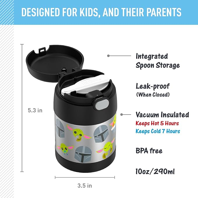 Thermostat Kids Vacuum Insulated Food Jar with Spoon, Mandalorian, 10 Ounce, Stainless Steel