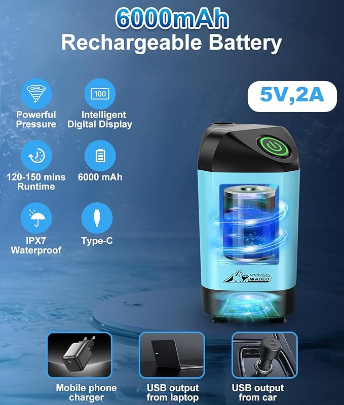 WADEO Portable Shower Camping Shower Outdoor Camp Shower Pump, Electric Rechargeable Portable Camping Shower, Powered by Rechargeable Battery for Camping, Hiking, Traveling