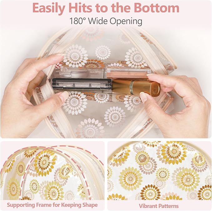 PACKISM TSA Approved Toiletry Bag - Beige Bohemian Print Clear Shell Bag and Upgrade Color-Edged Clear Makeup Bag, Perfect for On the Go or Travel, Lightweight and Robust, 2 Pack