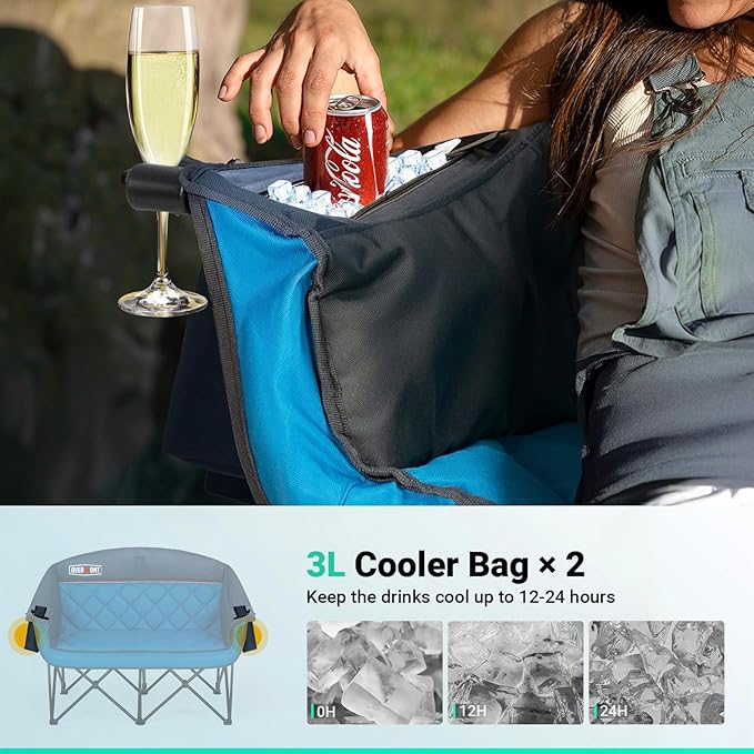 Overmont Oversized Double Camping Chair - 2 Person Comfort Couch Chair Loveseat for Adults - Heavy Duty Lawn Chairs with Cooling Bag&Wine Racks - Support 850LBS Blue