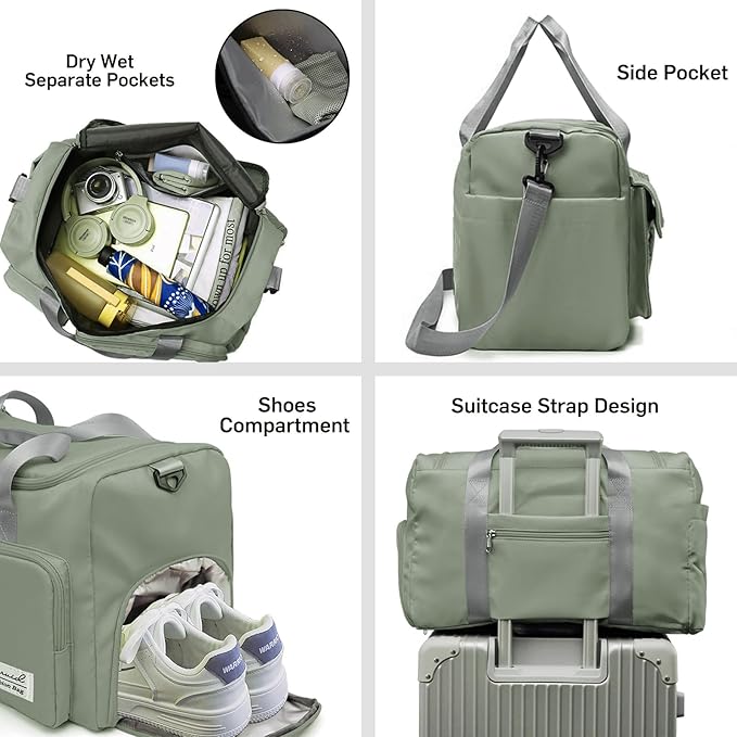 Travel Duffel Bag with Shoes Compartment Sports Gym Bag with Dry Wet Separated Pocket for Men and Women, Overnight Bag Weekender Bag Training Handbag Yoga Bag - Dark Green