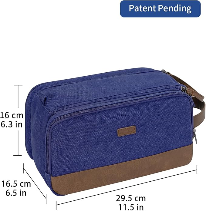 WANDF Toiletry Bag for Men Travel Toiletry Organizer Canvas and Leather Dopp Kit Water-Resistant Shaving Bag for Travel Accessories (Blue, Patent Pending)