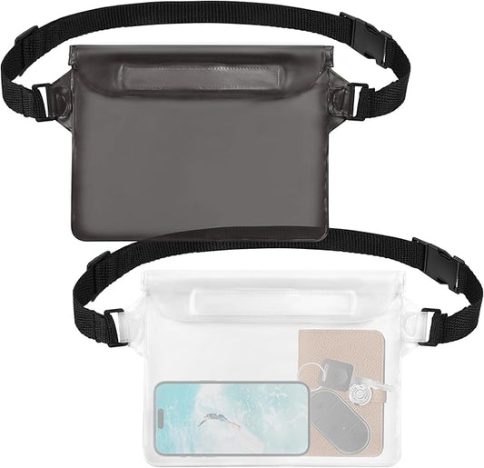 2-Pack Waterproof Pouch with Adjustable Waist Strap, Waterproof Dry Bag, Keeps Cell Phones and Valuables Safe and Dry, Perfect for Kayaking, Beach, Camping and Swimming (Black)