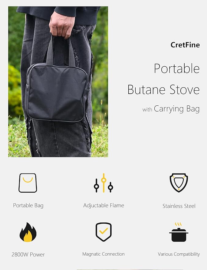 Mini Butane Camping Stove with Portable Bag, Indoor and Outdoor Cooking, for Emergency and Camp Essentials, 8205 BTU, 2hr Usage per Canister, Gas Not Included, Olive