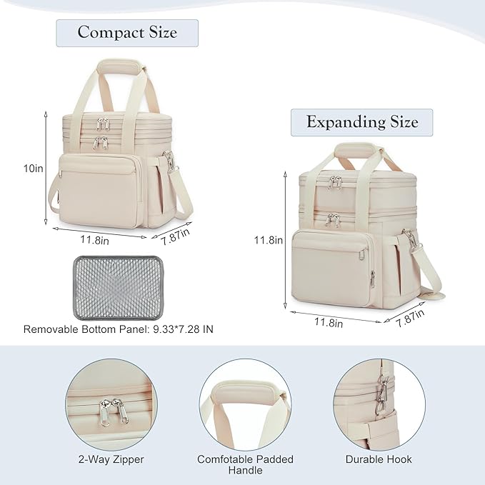 Insulated Lunch Box for Women - Reusable Modern Double Deck Lunch Bag Adults Expandable Heavy Duty Lunch Cooler Tote for Work Office Picnic,Beige