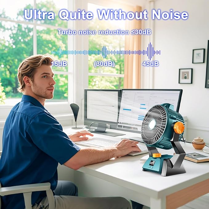 Camping Fan - Rechargeable Portable Battery Powered Camping Fans for Tents with LED Light, Power Display, Timers & 360° Hanging Hook, Ultra Quiet USB Personal Tent Fan for Fishing Travel Home Office