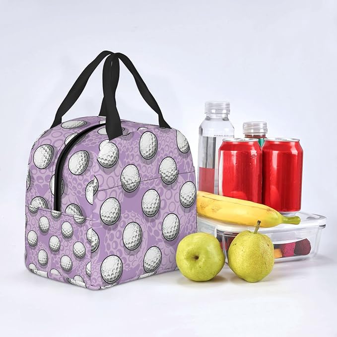 VOOHDDY Golf Ball Cute Purple Insulated Lunch Bag For Men Women Reusable Lunch Box Container Waterproof Portable Cooler Thermal Tote Bag For Work Office Picnic Beach Travel