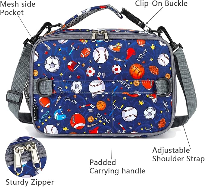 FlowFly Kids Lunch Bag, Durable Insulated School Lunch Box with Shoulder Strap and Bottle Holder, Water-resistant Thermal Small Lunch Cooler Tote for Teen Boys & Girls,Rugby