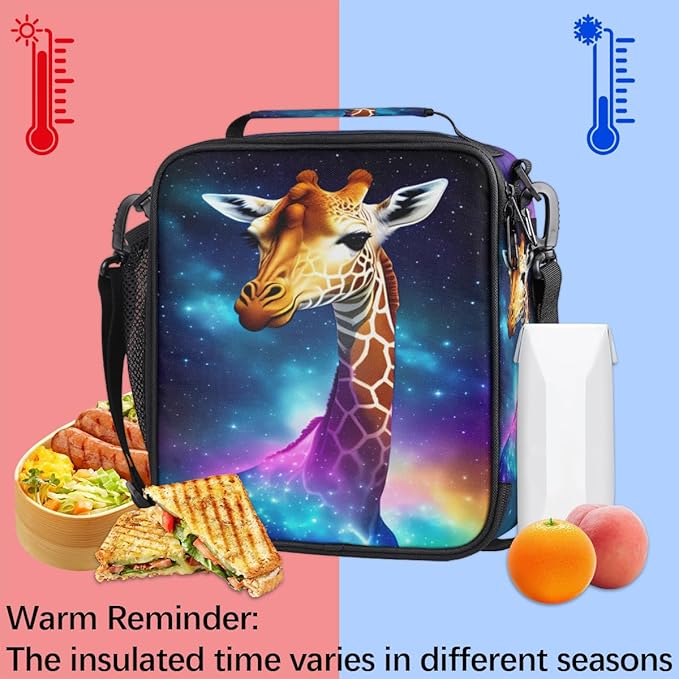 Galaxy Rainbow Giraffe Insulated Lunch Bag for Girls Boys Teen Cute Colorful Reusable Lunch Box with Shoulder Strap Freezable Thermal Cooler Bag Meal Prep for School Travel Picnic Beach Lunch Pail