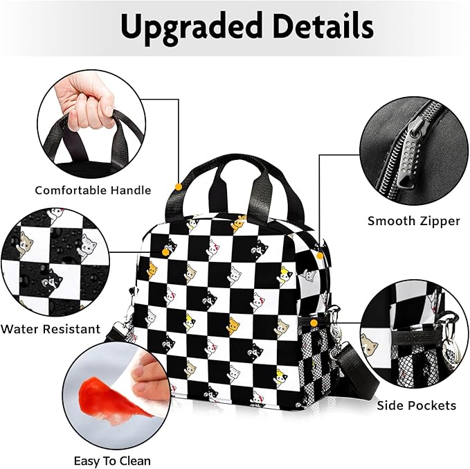 Lunch box Kids,Insulated Cat Lunch Bag Cute Small Checkered Lunch Totebag Reusable Leakproof Lunch Bag With Shoulder Strap for Girls Boys Women School Work Picnic