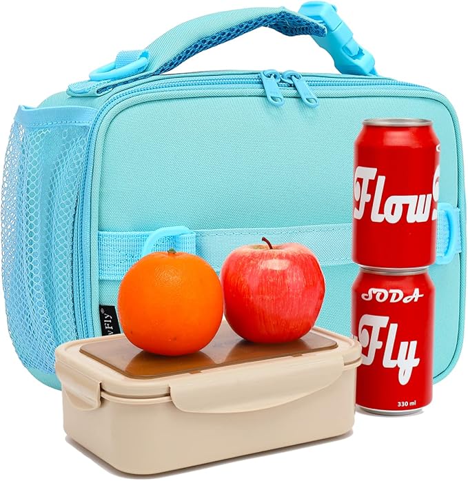 FlowFly Kids Lunch Bag, Durable Insulated School Lunch Box with Shoulder Strap and Bottle Holder, Water-resistant Thermal Small Lunch Cooler Tote for Teen Boys & Girls,Light Blue
