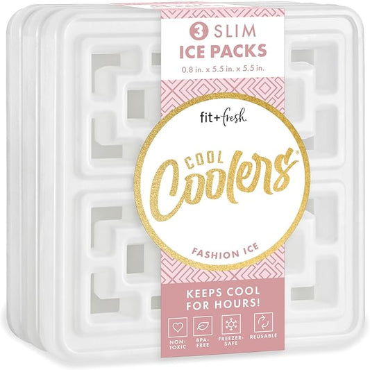 Cool Coolers Fashion Ice by Fit & Fresh, 3 Pack Large Slim Ice Packs, Unique Ice Pack Design for Womens Lunch Bag, Space Saving Reusable Ice Packs for Lunch Boxes, Cooler Ice Packs, Pearl White, 3PK