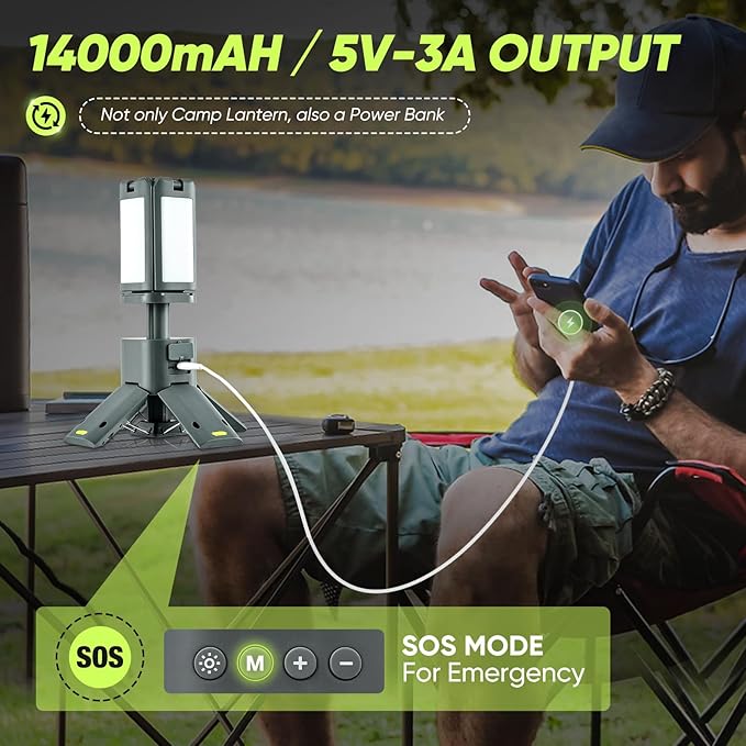 Telescopic Camping Lantern, 14000mAh Rechargeable Camping Lights with Portable Power Supply, Dimmable Magnetic Tent Lamps 6000 Lumen Outdoor Work Lighting for Hiking, Camping, Home Emergency