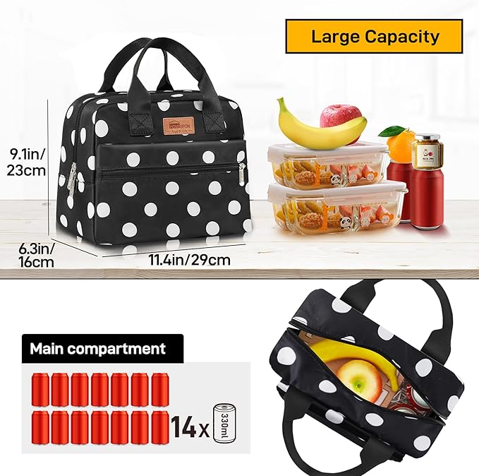 HOMESPON Insulated Lunch Bag for Women Men Lunch Box Cooler Lunch Tote for Work Picnic (Polka Dots)