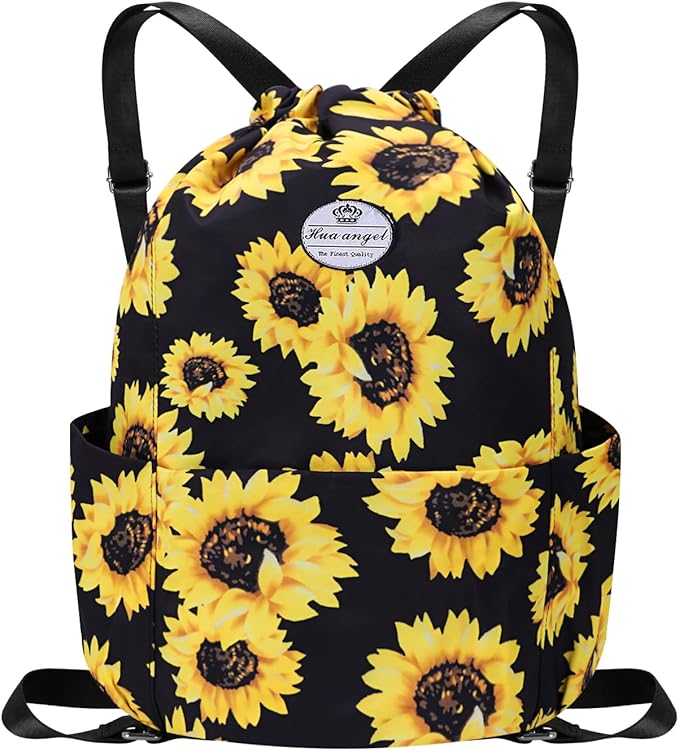 HUA ANGEL Floral Print Drawstring Bag - Lightweight Waterproof Cinch Sackpack with Side Pocket for Men & Women Travel Gym Bag