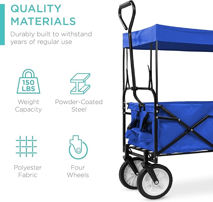 Best Choice Products Collapsible Folding Outdoor Utility Wagon with Canopy Garden Cart for Beach, Picnic, Camping, Tailgates w/Removable Canopy, Detachable Pockets, 150lb Weight Capacity - Blue