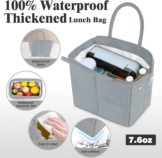 Coobiiya Lunch box for Women/Men/Adult, Thickened Quilted Puffer Lunch Box Lunch Bag Women, Small Leakproof Cute Lunch Tote Large Capacity Reusable Insulated Cooler Lunch Container for Work-Grey