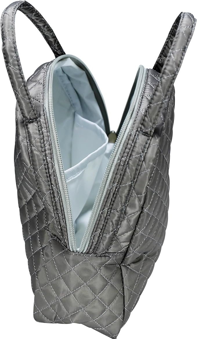 Machine Washable Women Quilted Fabric Insulated Reusable Cooler Lunch Bag Tote Adult Thermal Lunch Box Storage Bag for Ｗork (Grey)