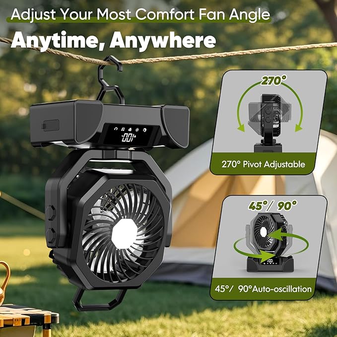 Portable Rechargeable Fan, 20000mAh Battery Powered Fan with LED Light, Camping Fans for Tent Remote Control, 5 Speed & Hook, 10-inch Outdoor Cordless Fans for Travel,Home, Beach, Power Outage - Black