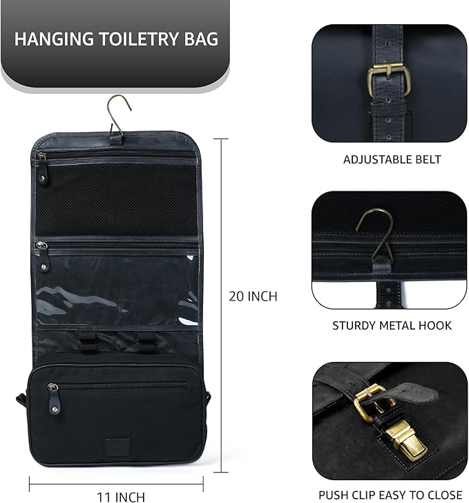 LEATHER VILLAGE Hanging Toiletry Bag for Men & Women, Handcrafted Vintage Cosmetic & Shaving Organizer Travel Dopp Kit- Black