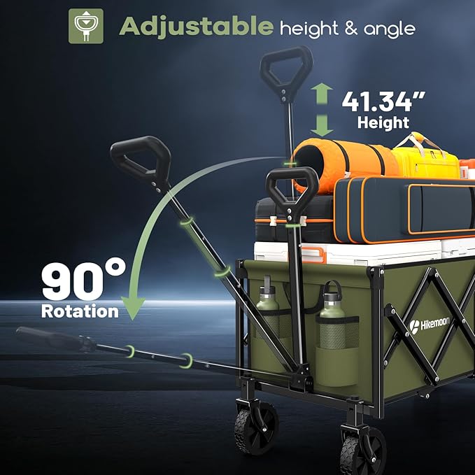 34'' Extra Long Collapsible Wagons Carts Foldable, 360LBS Heavy Duty Folding Beach Wagon with Wheels, Portable Utility Outdoor Cart for Grocery, Garden, Sports, Camping, Green