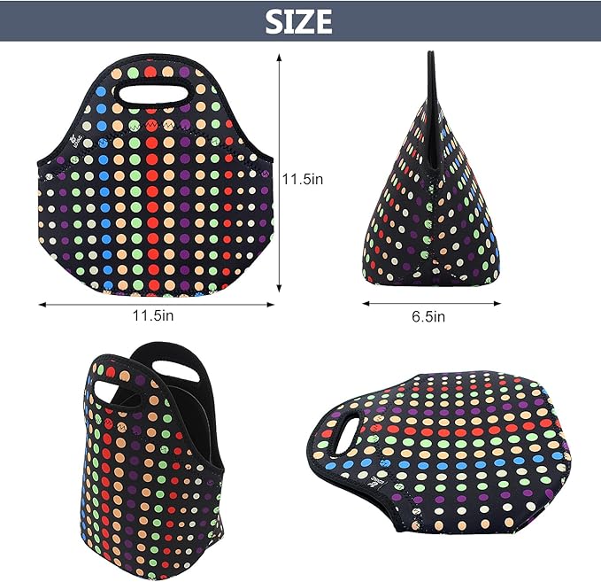 LOVAC Neoprene Lunch Bag, Thick Insulated Lunch Bag - Durable & Waterproof Lunch Tote With Zipper For Outdoor Travel Work School (Small Colorful Dot)