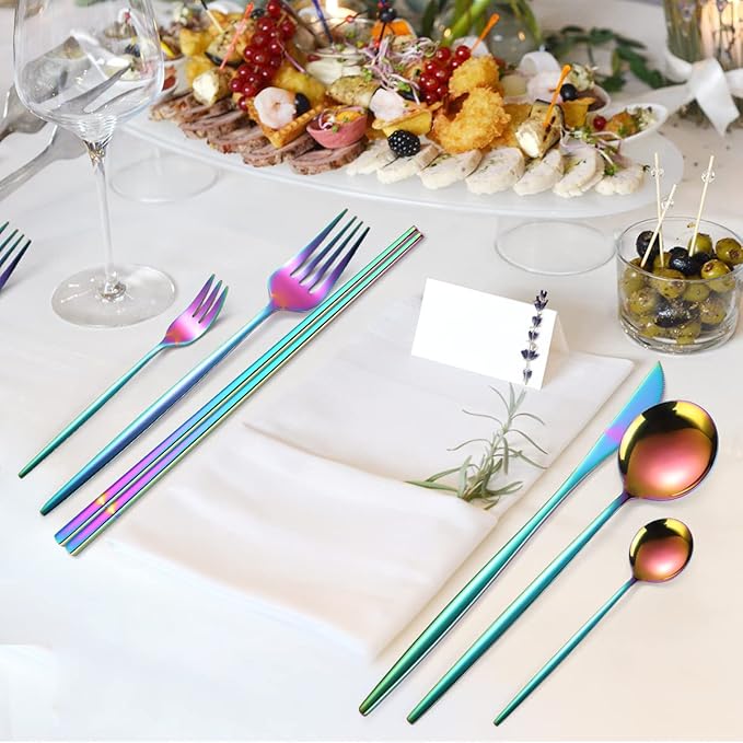 AARAINBOW 8 Pieces Stainless Steel Flatware Set Portable Reusable Cutlery Set Travel Utensils Set Including Chopsticks Knife Fork Spoon Straws Cleaning Brush Dishwasher Safe (Multicolored)