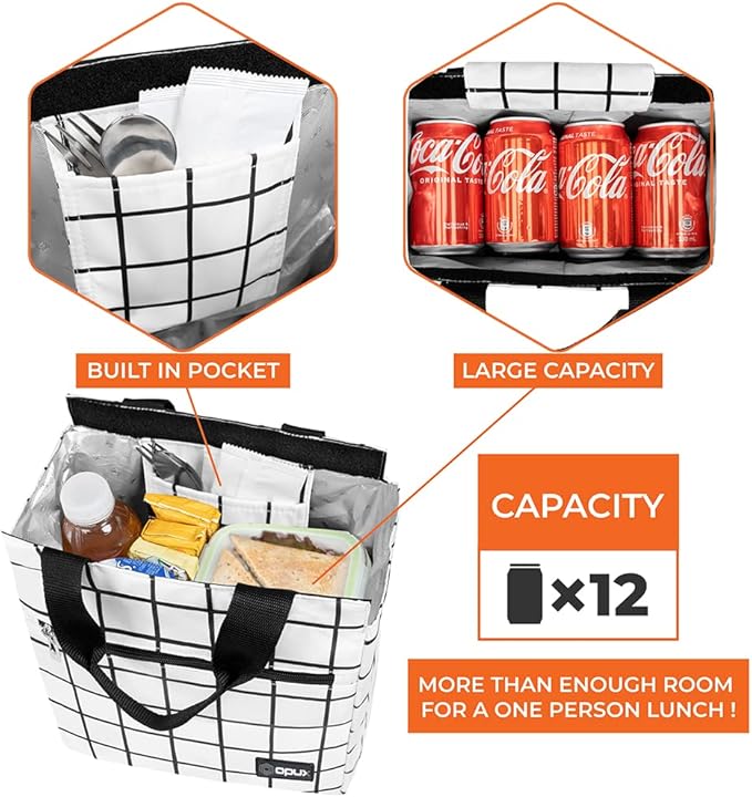 opux Lunch Bag for Women, Insulated Lunch Box Tote for Girls Kids Adult School Work, Reusable Womens Lunch Tote for Office Travel, Cute Small Lunch Tote, Fits 12 Cans - Checker Plaid White