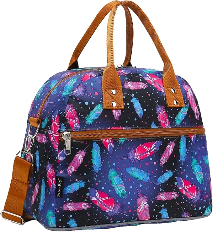 FlowFly Insulated Lunch Bag With Shoulder Strap for Women, Men, and Kids, Large and Reusable, Handle, Freezable Work and School Travel Tote and Meal Prep Organizer,Feather