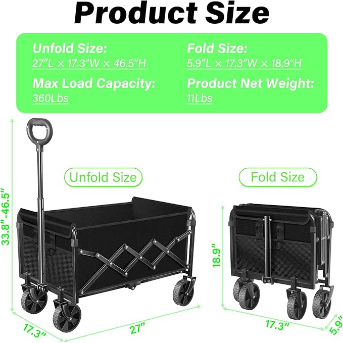 Wagons Carts Foldable - 360Lbs Collapsible Folding Wagon - Wagon Cart with Wheels Portable for Sports, Camping, Storage, Travel, Shopping - Black2