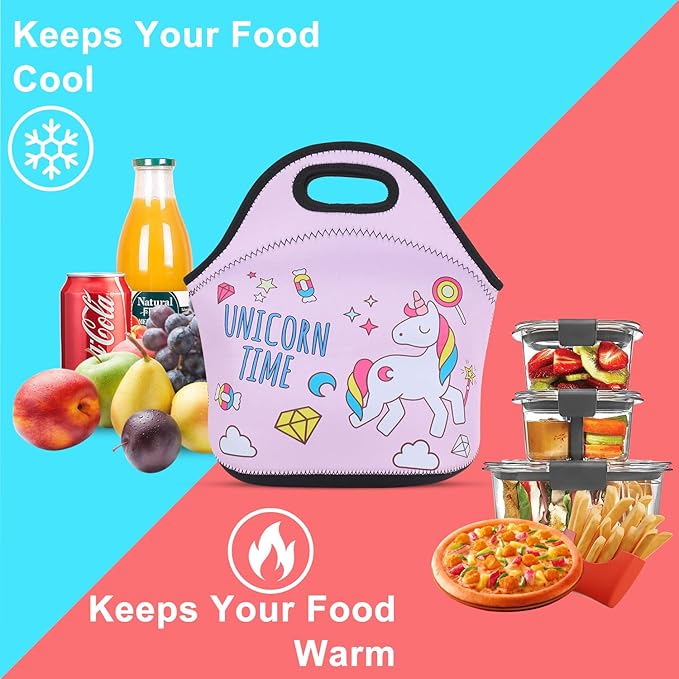 Violet Mist Unicorn Pink Neoprene Lunch Bag Cute Insulated Reusable Lunch Box Thermal Lunch Bags Tote Waterproof Thick Lunch Handbag with Zipper Thanksgiving Christmas Gifts Work Picnic