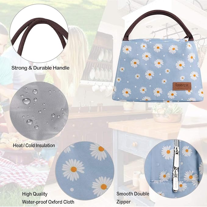 Buringer Insulated Lunch Bag Lunch Box for Women Men Adult Lunch Tote for Work Picnic Travel (Blue Daisy)