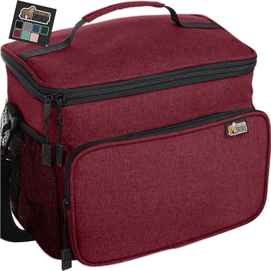GORILLA GRIP Reusable Insulated Lunch Box Bag for Women Men, XL 15L, Leakproof Soft Cooler Bags, Multiple Compartments, Mesh Pockets and Adjustable Strap, Food Tote Keeps Drinks Cold, 13x9, Burgundy