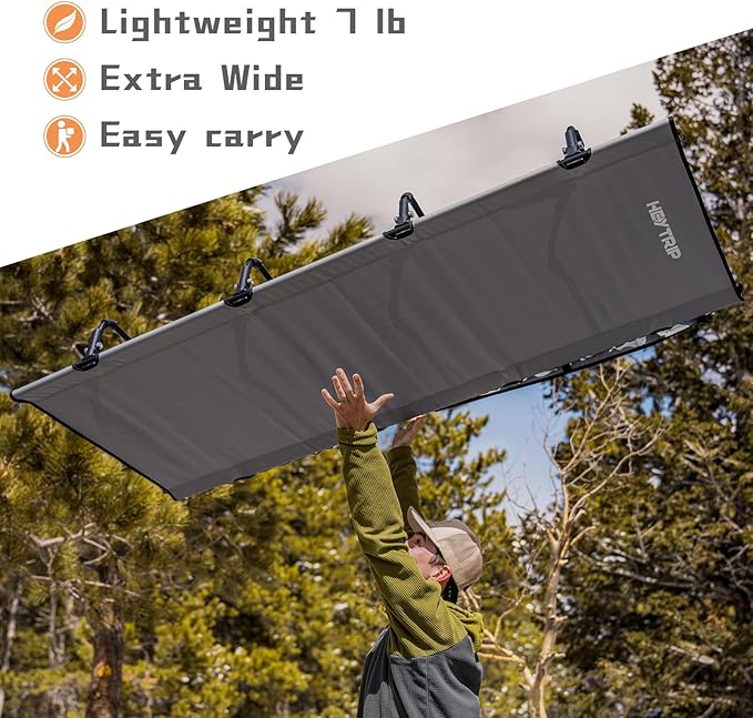 HEYTRIP Extra-Wide Camping Cot, Upgrade Sturdy Camping Bed, XXL Cots for Sleeping Support 500lb, Folding Cot with Side Pocket, Carry Bag Ultralight Backpacking Cot for Travel(Grey)