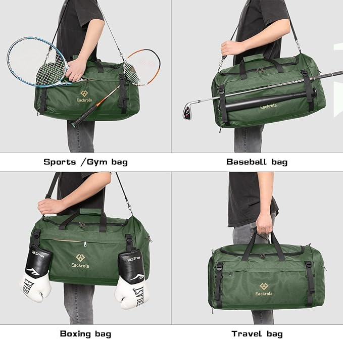 Eackrola Extra Large Sports Gym Bag, Travel Duffel bag with Wet Pocket & Shoes Compartment for men women, 85L, Lightweight （Green）