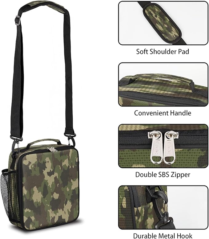 Pardick Camo Insulated Lunch Bag for Kids Students Lunch Box Meal Holder Camouflage Green Reusable Cooler Bag for Boys Thermal Lunch Box for School Picnic Travel Outdoor