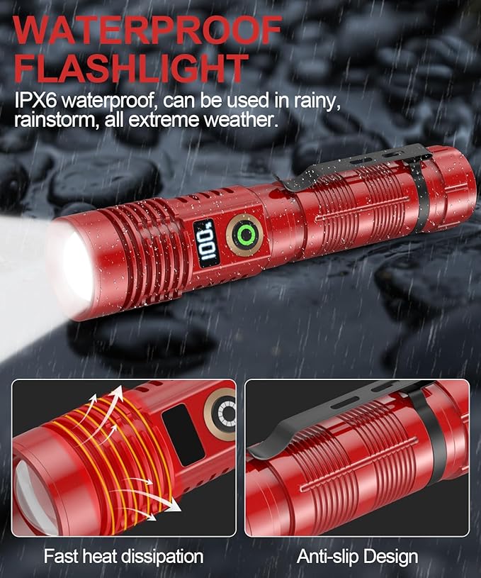 Rechargeable Flashlight High Lumens-12000LM Super Bright Magnetic Flash Light with Power Digital Display,3280Ft Long Range,Dimmable,Waterproof,Pocket Tactical LED Flashlights for Emergency,Red 1PC